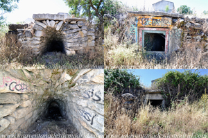 Cabanillas de la Sierra. Comenzando por arriba a la izquierda y en el sentido de las agujas del reloj: cuevas primera, segunda y tercera, e interior de la primera. La numeracin la hemos asignado por el orden en que las vemos en la calleja de las Cuevas, a la derecha de nosotros, segn venimos de la calle del Ejido. El estado de las mismas es el que se puede deducir de las imgenes, por lo que, adems de estar prohibido (son propiedad privada), no se recomienda el acceso a ellas