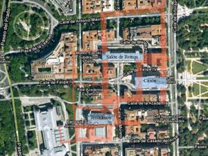 Madrid, Felipe IV, Planta del Palacio del Buen Retiro superpuesta sobre la actual superficie