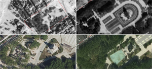 Madrid, Evolucin de la Plaza de Espaa, en relacin con el Monumento a Cervantes, a travs de fotografas areas tomadas en diferentes aos. Comenzando por arriba a la izquierda y en el sentido de las agujas del reloj: 1, ao 1946; 2, mosaico de las tomadas entre los aos 1961 y 1967; 3, ao 2017; y, 4, ao 2022.